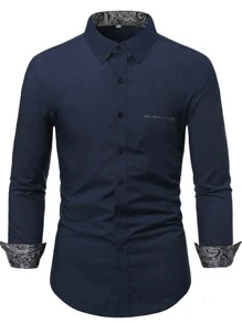Manfinity Homme Hombres Camisa con estampado de paisley con botón - Azul Marino - Ver 3