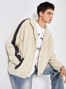 Manfinity Men Zip Up Contrast Side Seam Hooded Teddy Coat - Beige - View 1