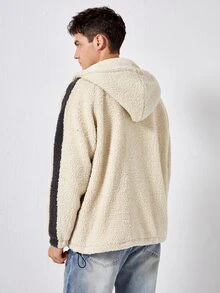 Manfinity Men Zip Up Contrast Side Seam Hooded Teddy Coat - Beige - View 2