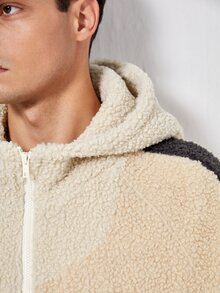 Manfinity Men Zip Up Contrast Side Seam Hooded Teddy Coat - Beige - View 3