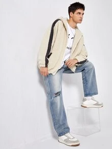 Manfinity Men Zip Up Contrast Side Seam Hooded Teddy Coat - Beige - View 4