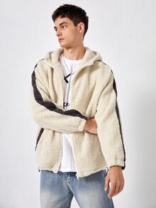 Manfinity Men Zip Up Contrast Side Seam Hooded Teddy Coat - Beige - View 5