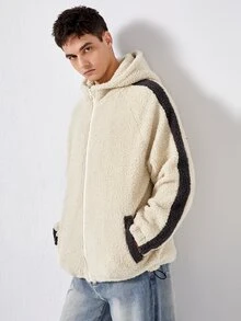 Manfinity Men Zip Up Contrast Side Seam Hooded Teddy Coat - Beige - View 6