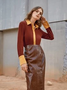 BizChic Áo nữ Nút phía trước Khối Màu Giải trí - Rỉ Nâu - Xem 1