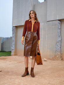 BizChic Áo nữ Nút phía trước Khối Màu Giải trí - Rỉ Nâu - Xem 3