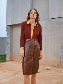 BizChic Áo nữ Nút phía trước Khối Màu Giải trí - Rỉ Nâu - Xem 4