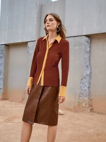 BizChic Áo nữ Nút phía trước Khối Màu Giải trí - Rỉ Nâu - Xem 5