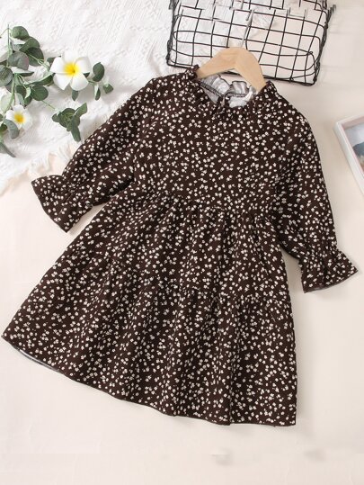 小女童小碎花褶邊荷葉袖荷葉邊燈芯絨連衣裙