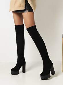 经典黑色仿麂皮过膝靴，女士时尚厚底靴，粗跟，舒适高筒靴 - 黑色 - 查看 2