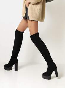 经典黑色仿麂皮过膝靴，女士时尚厚底靴，粗跟，舒适高筒靴 - 黑色 - 查看 3