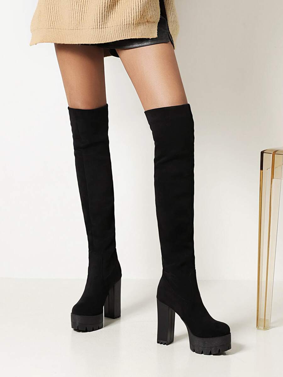 经典黑色仿麂皮过膝靴，女士时尚厚底靴，粗跟，舒适高筒靴 - 黑色 - 查看 1