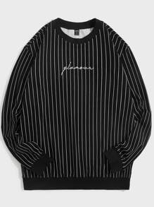 Manfinity Hombres Sudadera con estampado de rayas con bordado de letra - Negro - Ver 1