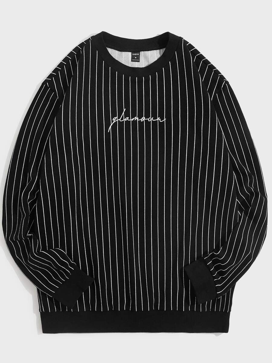 Manfinity Hombres Sudadera con estampado de rayas con bordado de letra - Negro - Ver 1