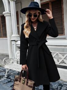 SHEIN LUNE 青果領雙排釦腰帶花呢外套 - 黑色 - 查看 1