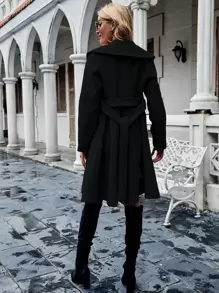 SHEIN LUNE 青果領雙排釦腰帶花呢外套 - 黑色 - 查看 2