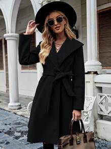 SHEIN LUNE 青果領雙排釦腰帶花呢外套 - 黑色 - 查看 3