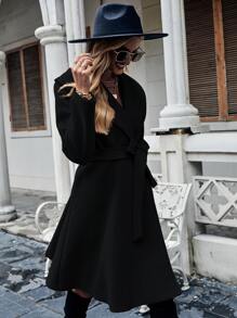 SHEIN LUNE 青果領雙排釦腰帶花呢外套 - 黑色 - 查看 4