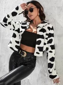 Cow Print Zip Up Crop Jacket - Black and White - View 1