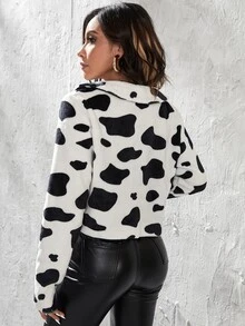 Cow Print Zip Up Crop Jacket - Black and White - View 2