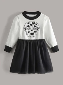 SHEIN 小女童狗狗和愛心圖案網紗邊毛衣洋裝 - 黑與白 - 查看 1
