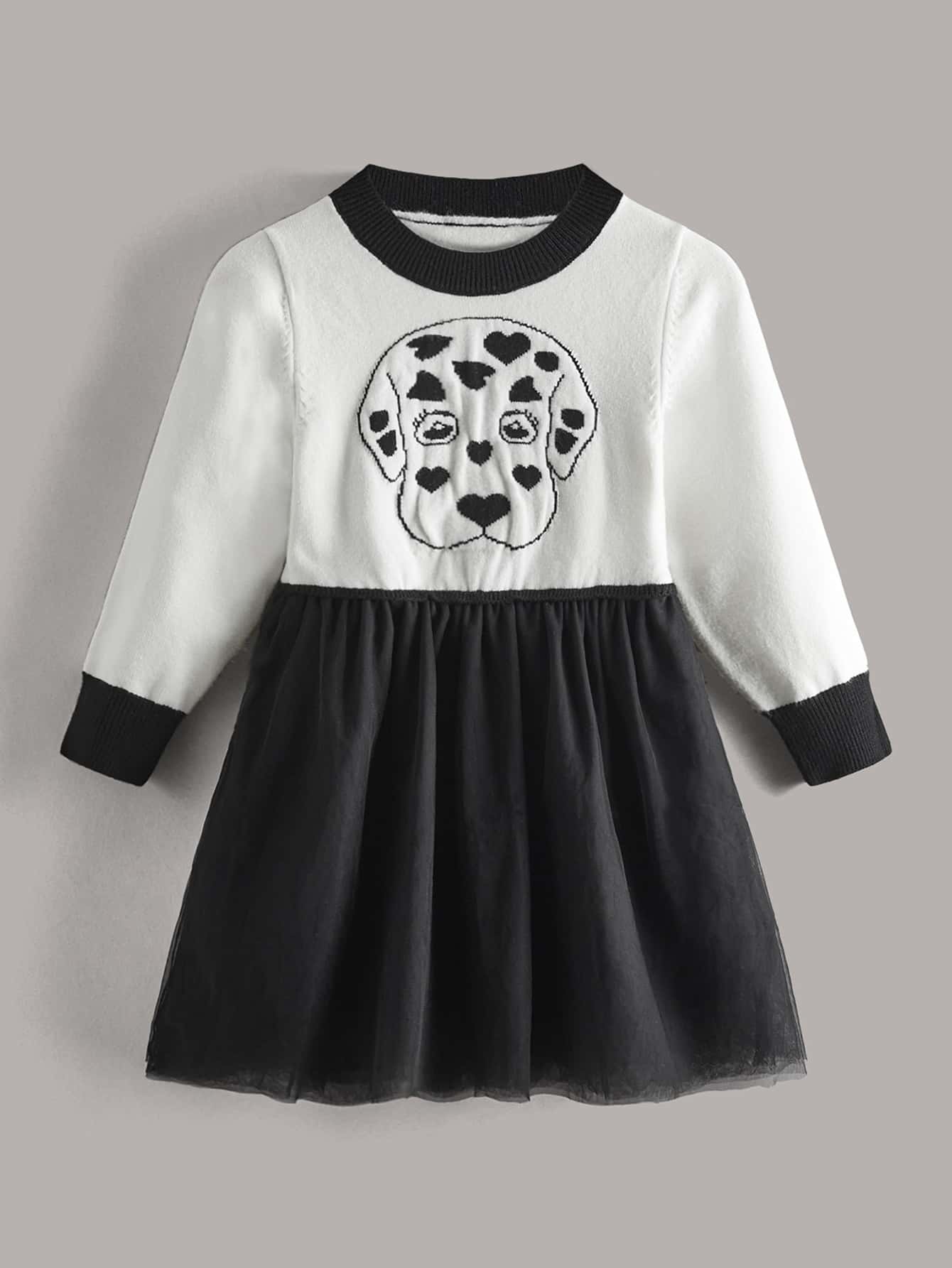 SHEIN 小女童狗狗和愛心圖案網紗邊毛衣洋裝 - 黑與白 - 查看 1