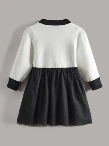 SHEIN 小女童狗狗和愛心圖案網紗邊毛衣洋裝 - 黑與白 - 查看 2