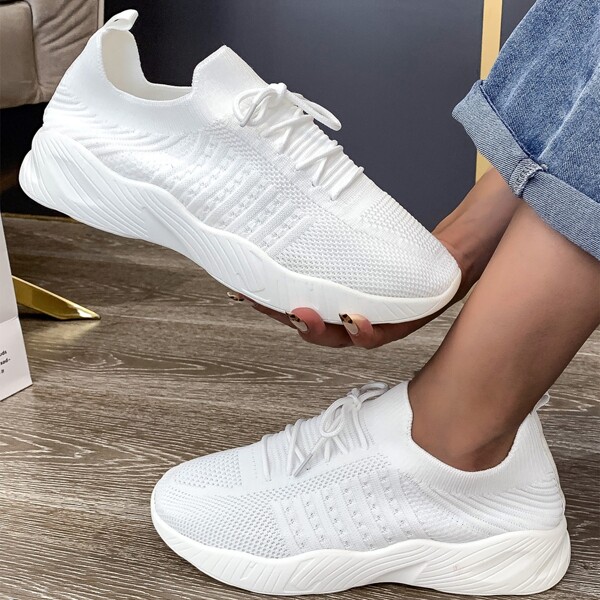 

Minimalist Lace Up Decor Knit Sneakers, White