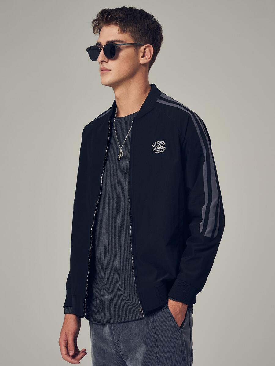 Áo khoác Nam Túi Dây kéo Lá thư Sọc Thể thao - Màu xanh hải quân - Xem 1