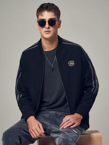 Áo khoác Nam Túi Dây kéo Lá thư Sọc Thể thao - Màu xanh hải quân - Xem 4