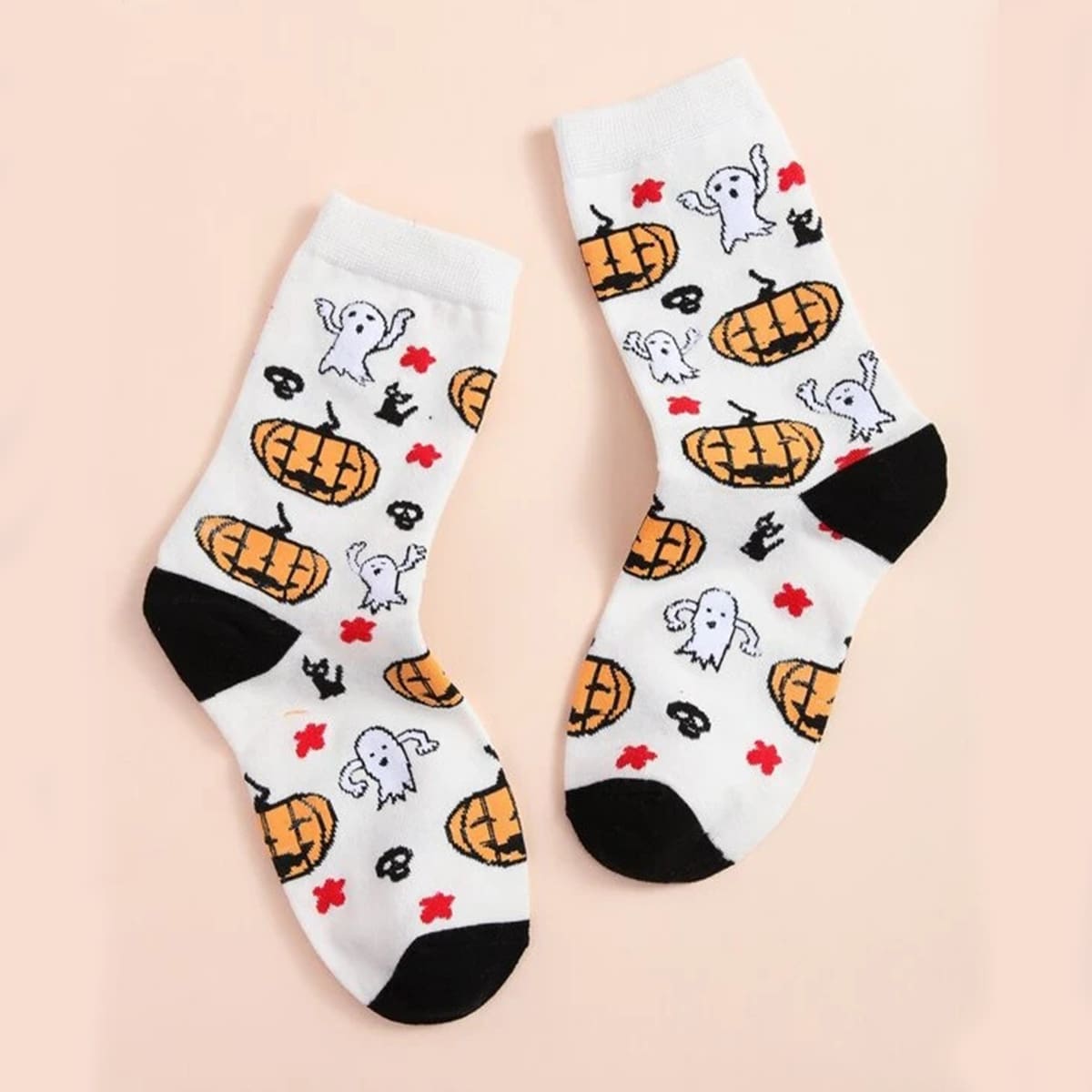 

Halloween Pumpkin Print Crew Socks, White