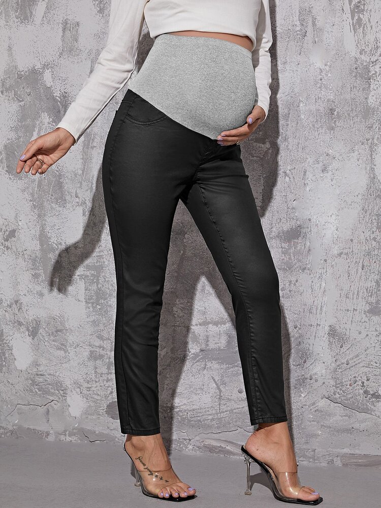Maternidad Jeans de cintura ancha de color combinado - Negro - Añade 1