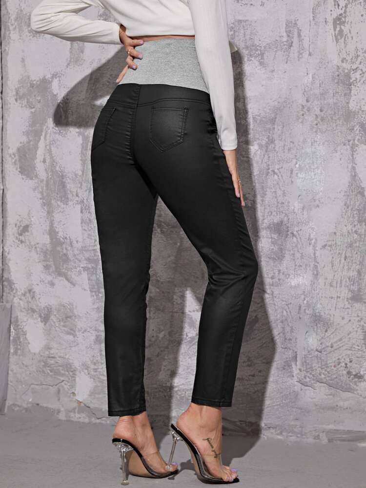 Maternidad Jeans de cintura ancha de color combinado - Negro - Añade 2
