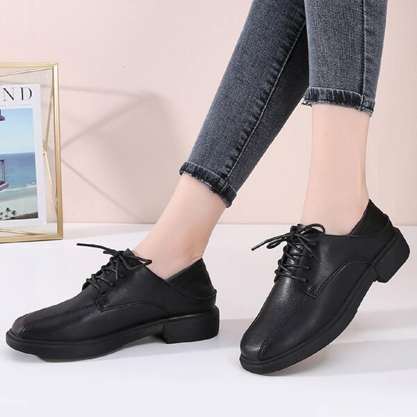 

Leather Lace-up Front Flat Oxfords, Black