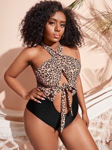 Plus Leopard Print Criss Cross One Piece Swimsuit - Multicolor - View 1