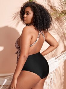 Plus Leopard Print Criss Cross One Piece Swimsuit - Multicolor - View 2
