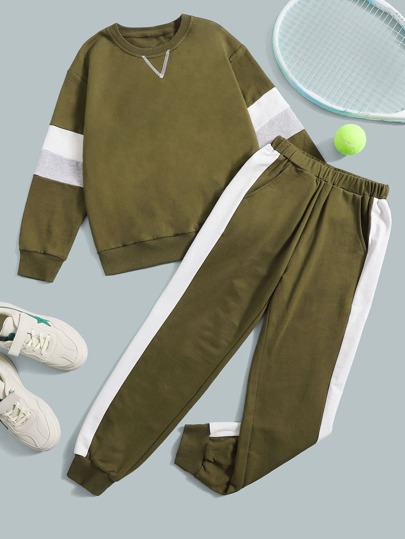 SHEIN Boys Color Block Top-stitching Pullover & Contrast Side Seam Sweatpants