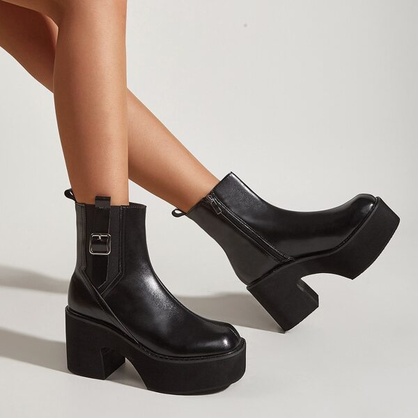 

Buckle Decor Platform Chunky Heeled Boots, Black