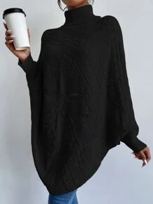 SHEIN LUNE Turtle Neck Dolman Sleeve Pointelle Knit Poncho Jumper - Black - View 1