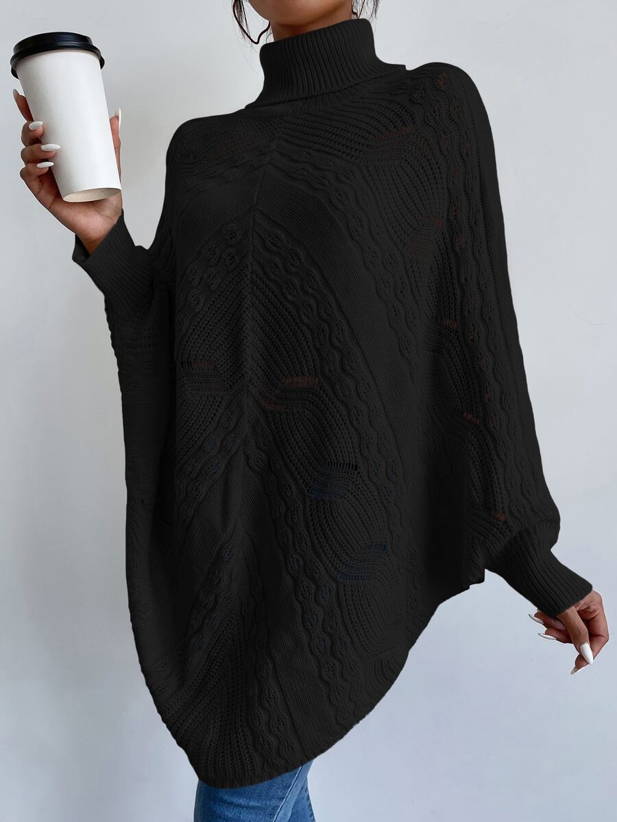 SHEIN LUNE Turtle Neck Dolman Sleeve Pointelle Knit Poncho Jumper - Black - View 1