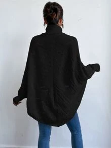 SHEIN LUNE Turtle Neck Dolman Sleeve Pointelle Knit Poncho Jumper - Black - View 2