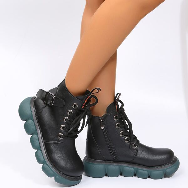 

Colorblock Lace-up Front Combat Boots, Black