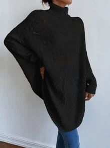 SHEIN LUNE Turtle Neck Dolman Sleeve Pointelle Knit Poncho Jumper - Black - View 3