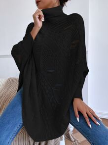 SHEIN LUNE Turtle Neck Dolman Sleeve Pointelle Knit Poncho Jumper - Black - View 6
