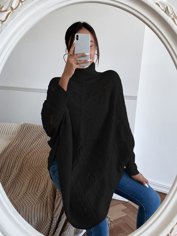 SHEIN LUNE Jersey poncho de cuello tortuga de manga murciélago de punto de malla - Negro - Añade 7