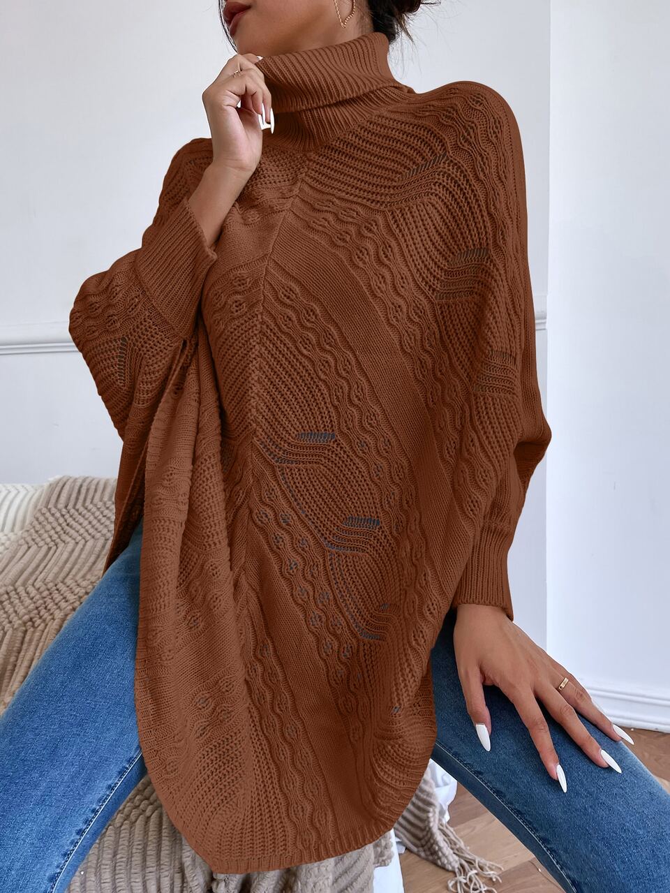 Turtle Neck Dolman Sleeve Pointelle Knit Poncho Sweater