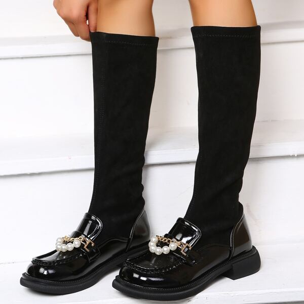 

Faux Pearl Decor Panel Design Sock Boots, Black
