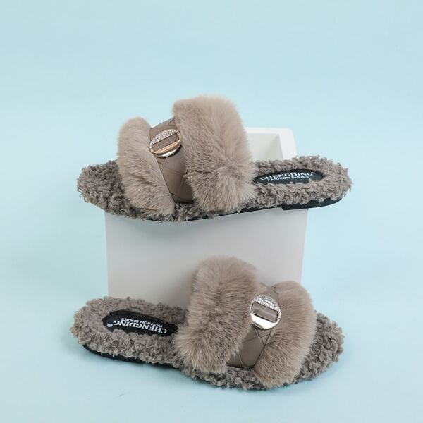 

Metal Decor Fuzzy Slippers, Grey