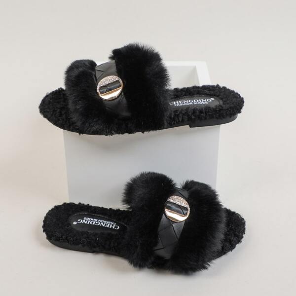 

Metal Decor Fuzzy Slippers, Black