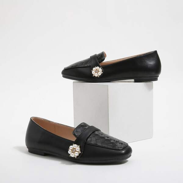 

Faux Pearl Decor Braided Detail Loafers, Black