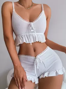 Ruffle Trim Tie Front Bra & Boyshorts Lingerie Set, Kawaii